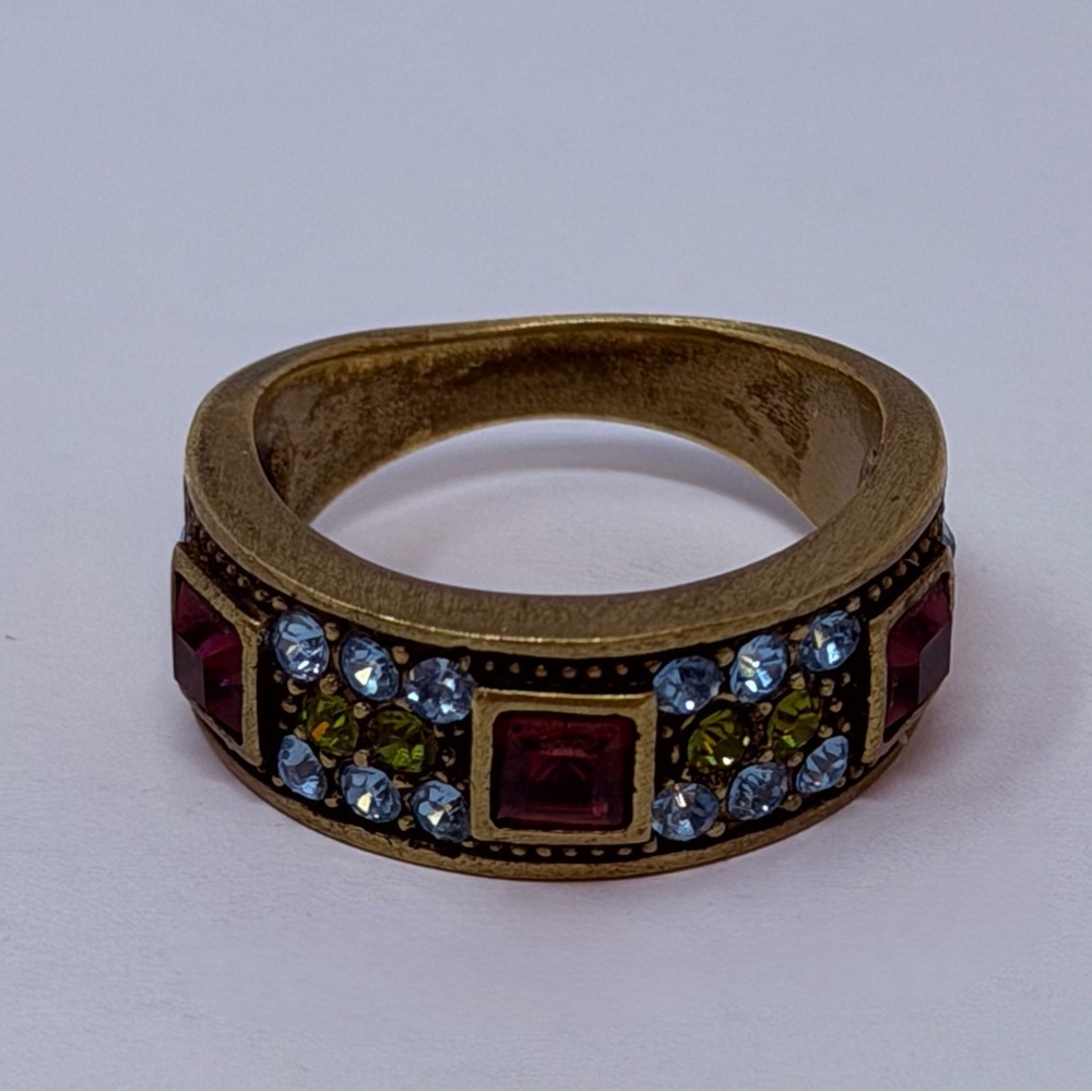 Heidi Daus Gold Tone Band Ring Purple Blue Yellow Crystal Stones Square Signed